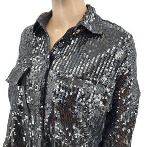 Pilcro Black Sequin Button-Up Shirt Womens L Long Sleeve Glam Party Top